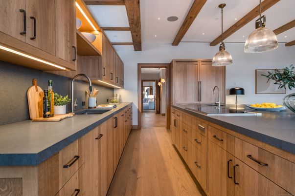 Interior, Kitchen, Pendant Lights, Recessed Lighting, Stainless Steel Appliances, Wooden Beams, Wood Texture Flooring