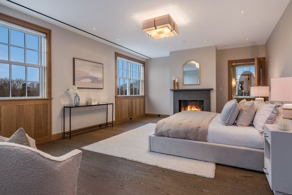 Bedroom, Fireplace, Interior, Recessed Lighting, Wood Texture Flooring
