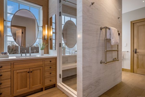 Bathroom, Glass Shower, Interior, Wood Texture Flooring