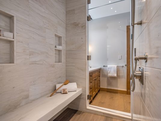 Bathroom, Glass Shower, Interior, Marble Walls, Recessed Lighting, Wood Texture Flooring