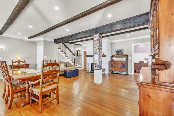 Dining room, Interior, Recessed Lighting, Wooden Beams, Wood Texture Flooring
