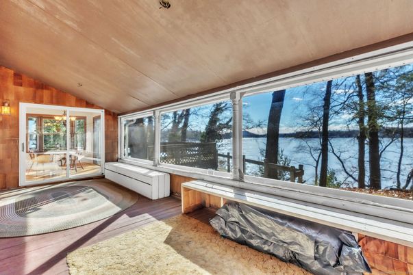 Interior, Sun Room, Water, Wood Texture Flooring, Wooden Walls