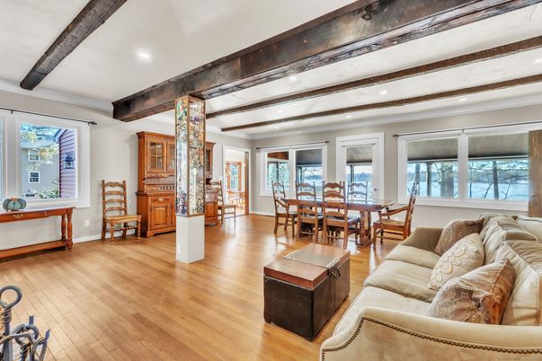 Dining room, Interior, Living room, Recessed Lighting, Wooden Beams, Wood Texture Flooring