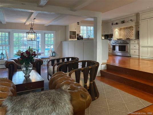 Dining room, Interior, Kitchen, Pendant Lights, Stainless Steel Appliances, Wood Texture Flooring