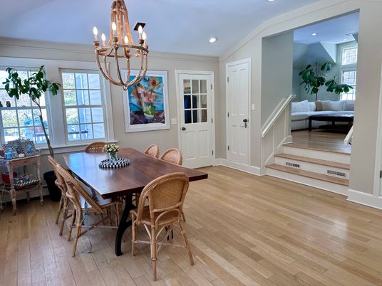 Chandelier, Dining room, Interior, Recessed Lighting, Wood Texture Flooring