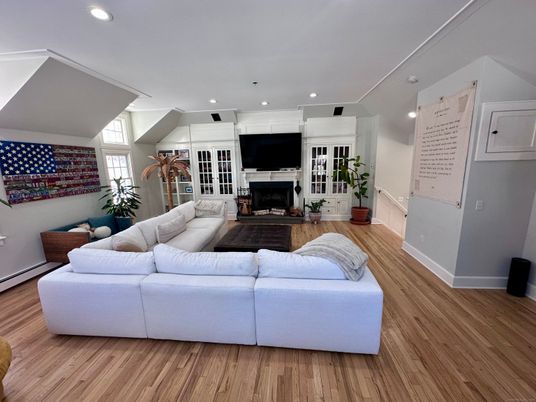 Fireplace, Interior, Living room, Recessed Lighting, Wood Texture Flooring