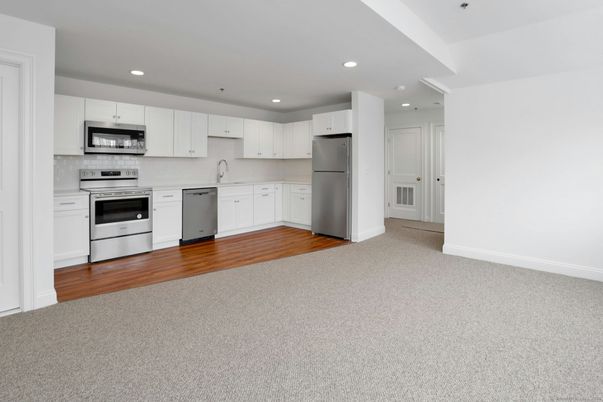 Interior, Kitchen, Recessed Lighting, Stainless Steel Appliances, Wood Texture Flooring