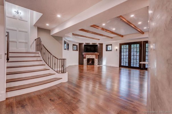 Fireplace, Interior, Recessed Lighting, Wooden Beams, Wood Texture Flooring