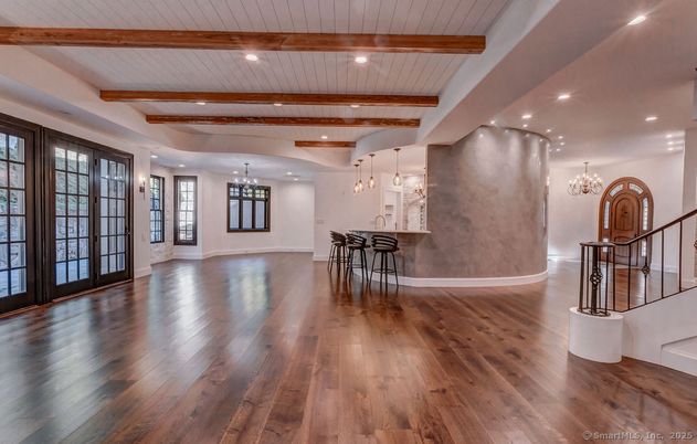 Chandelier, Interior, Pendant Lights, Recessed Lighting, Wooden Beams, Wood Texture Flooring
