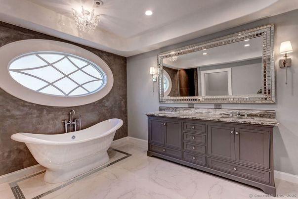 Bathroom, Dual Sink Vanities, Free Standing Baths, Interior, Marble, Recessed Lighting