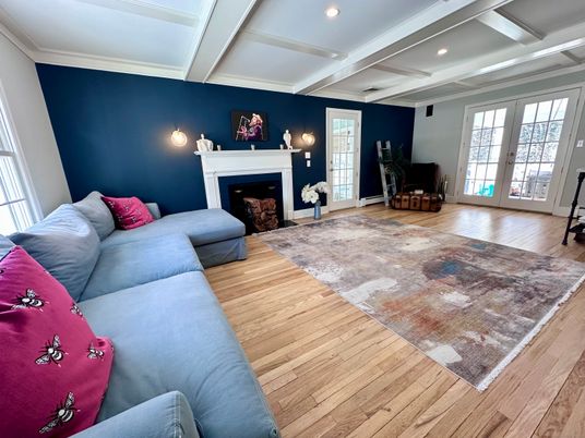 Fireplace, Interior, Living room, Recessed Lighting, Wood Texture Flooring