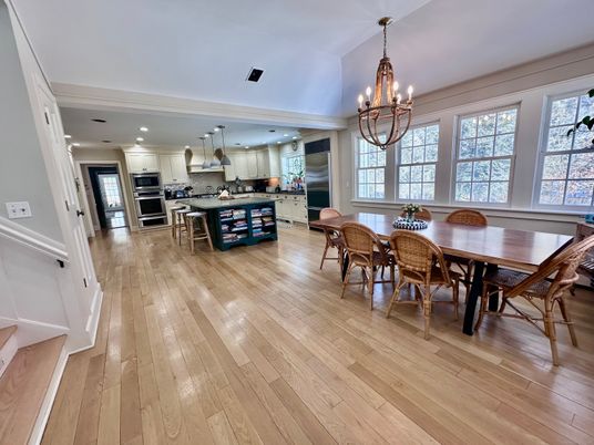 Chandelier, Dining room, Interior, Kitchen, Recessed Lighting, Stainless Steel Appliances, Wood Texture Flooring