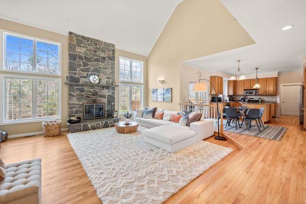 Dining room, Fireplace, Interior, Kitchen, Living room, Pendant Lights, Recessed Lighting, Stainless Steel Appliances, Stone Walls, Wood Texture Flooring