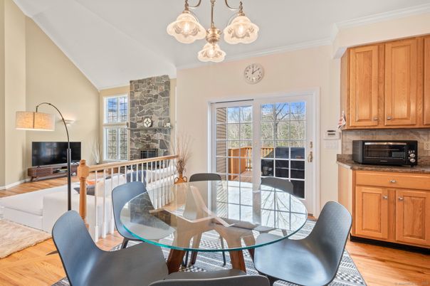 Dining room, Fireplace, Interior, Pendant Lights, Wood Texture Flooring