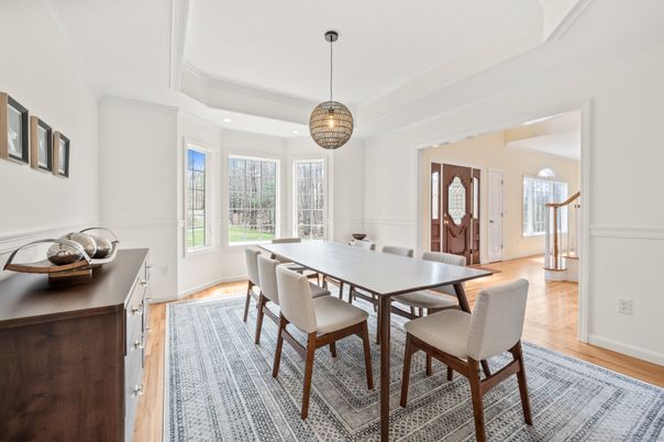 Dining room, Interior, Pendant Lights, Recessed Lighting, Wood Texture Flooring
