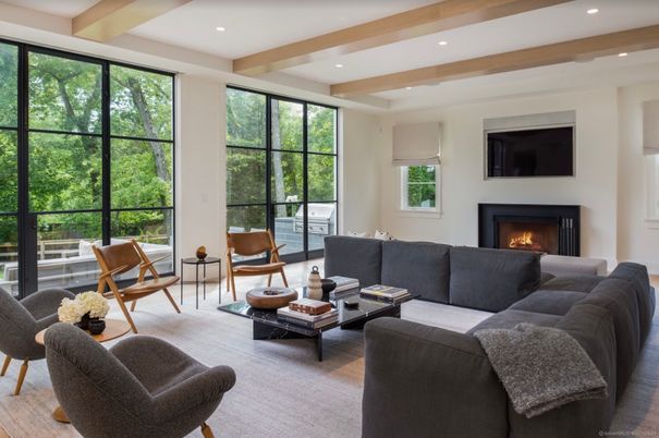 Fireplace, Interior, Living room, Recessed Lighting, Wood Texture Flooring