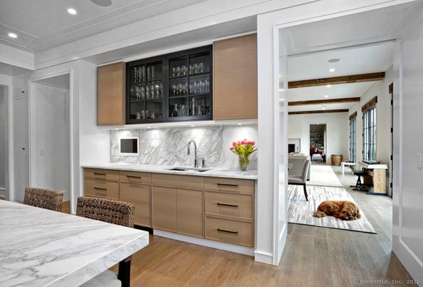 Interior, Kitchen, Marble Walls, Recessed Lighting, Wood Texture Flooring