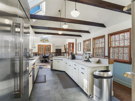 Dining room, Interior, Kitchen, Pendant Lights, Stainless Steel Appliances, Wooden Beams