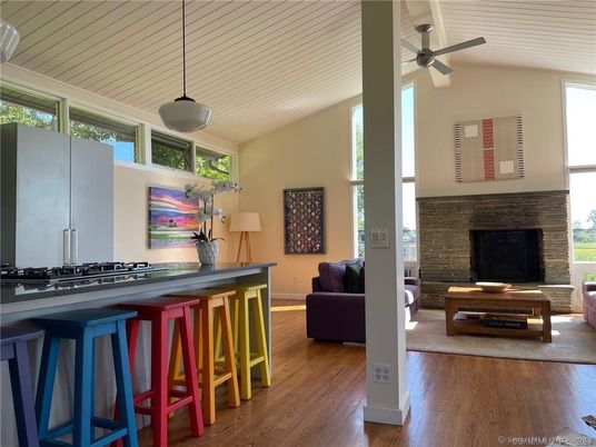 Fireplace, Interior, Kitchen, Living room, Pendant Lights, Stone Walls, Wood Texture Flooring