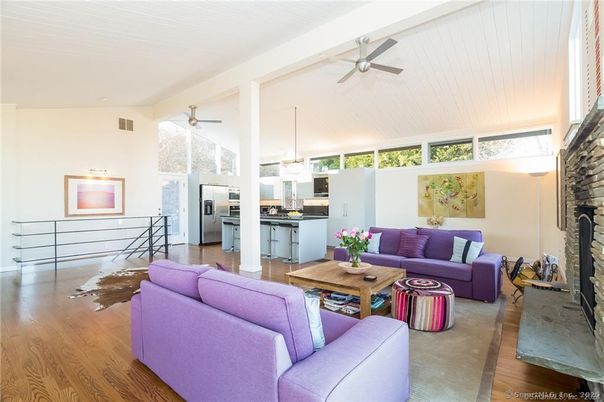 Fireplace, Interior, Kitchen, Living room, Pendant Lights, Wood Texture Flooring
