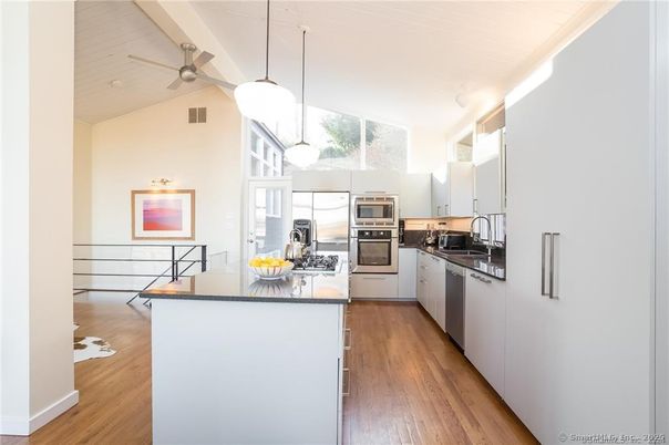 Interior, Kitchen, Pendant Lights, Stainless Steel Appliances, Wood Texture Flooring