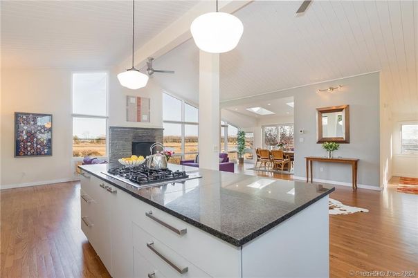 Dining room, Fireplace, Interior, Kitchen, Pendant Lights, Wood Texture Flooring