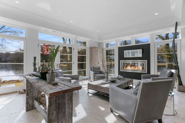 Fireplace, Interior, Living room, Recessed Lighting, Water