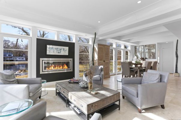 Dining room, Fireplace, Interior, Living room, Recessed Lighting, Water