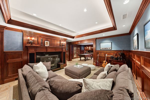 Billiard Table, Fireplace, Game Room, Interior, Living room, Recessed Lighting, Wooden Walls
