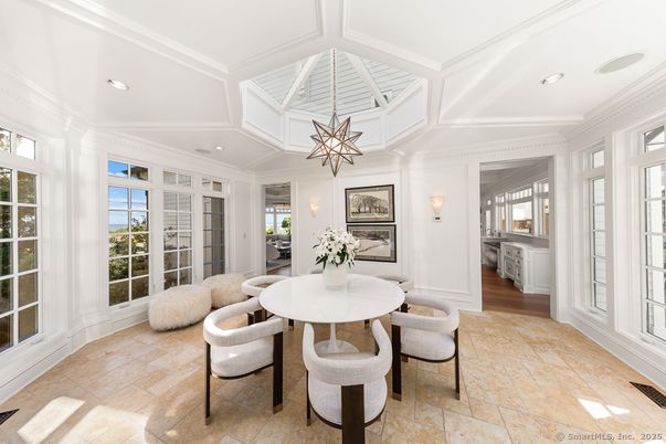 Dining room, Interior, Pendant Lights, Recessed Lighting, Wood Texture Flooring
