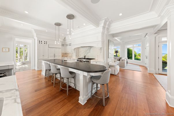 Interior, Kitchen, Living room, Marble Walls, Pendant Lights, Recessed Lighting, Stainless Steel Appliances, Wood Texture Flooring