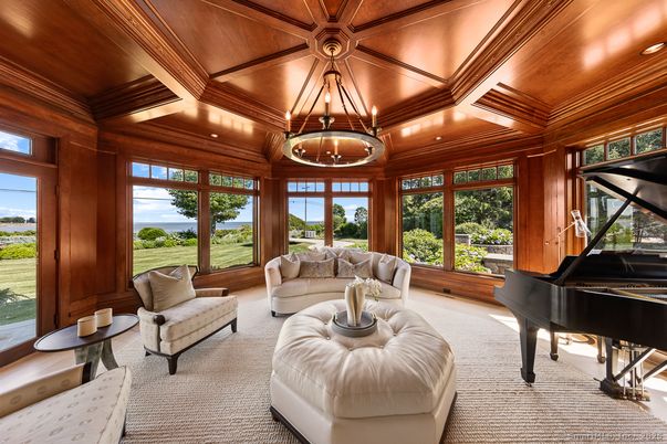 Chandelier, Interior, Living room, Piano, Recessed Lighting, Wooden Ceilings, Wooden Walls
