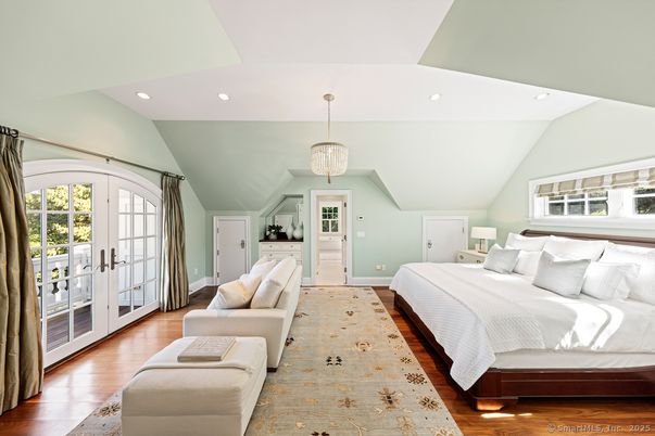 Bedroom, Chandelier, Interior, Pendant Lights, Recessed Lighting, Wood Texture Flooring