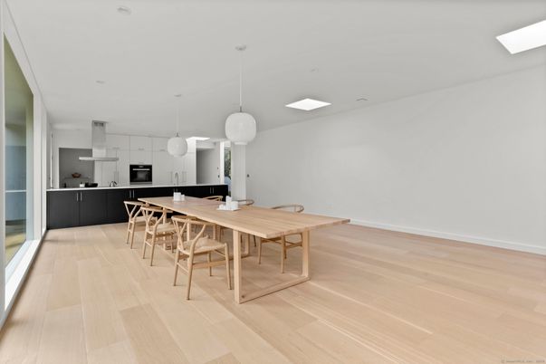 Dining room, Interior, Kitchen, Pendant Lights, Recessed Lighting, Wood Texture Flooring