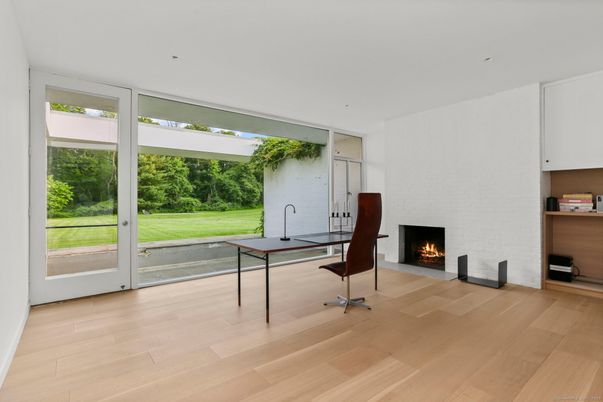 Fireplace, Home Office, Interior, Recessed Lighting, Wood Texture Flooring