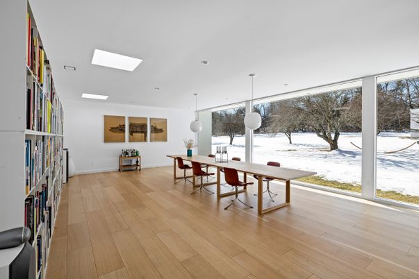 Dining room, Interior, Pendant Lights, Recessed Lighting, Wood Texture Flooring