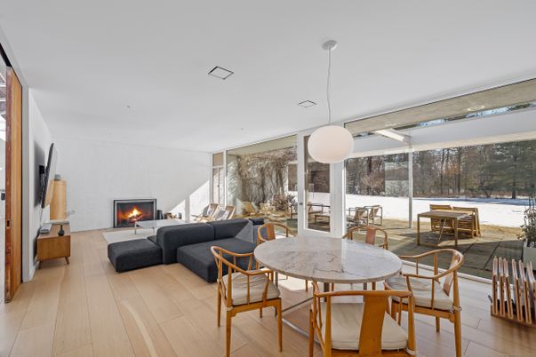 Dining room, Fireplace, Interior, Living room, Pendant Lights, Recessed Lighting, Wood Texture Flooring