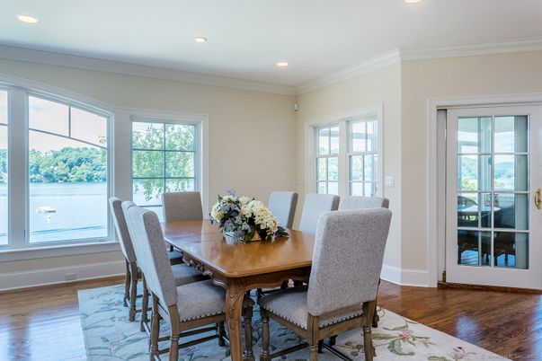 Dining room, Interior, Recessed Lighting, Wood Texture Flooring
