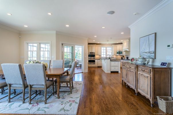 Dining room, Interior, Kitchen, Recessed Lighting, Stainless Steel Appliances, Wood Texture Flooring