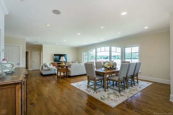 Dining room, Interior, Living room, Recessed Lighting, Wood Texture Flooring