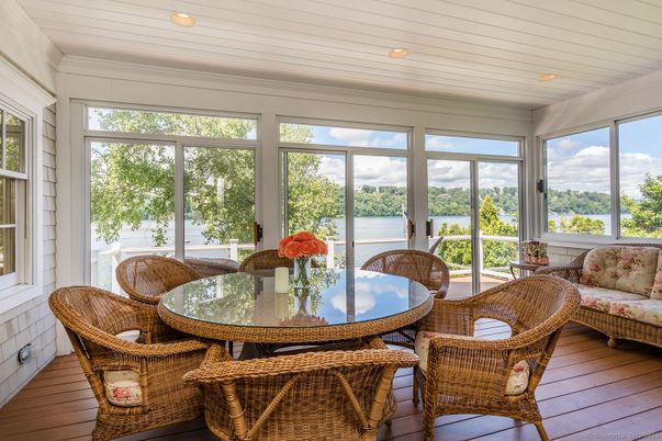 Dining room, Interior, Recessed Lighting, Sun Room, Water, Wood Texture Flooring