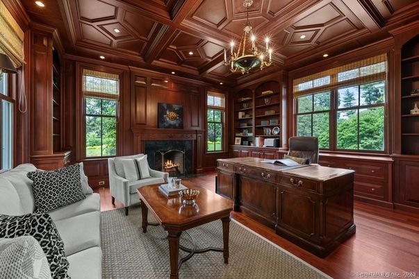 Chandelier, Fireplace, Home Office, Interior, Living room, Recessed Lighting, Wooden Beams, Wooden Ceilings, Wood Texture Flooring, Wooden Walls