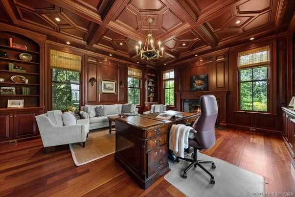 Chandelier, Fireplace, Home Office, Interior, Recessed Lighting, Wooden Beams, Wooden Ceilings, Wood Texture Flooring, Wooden Walls
