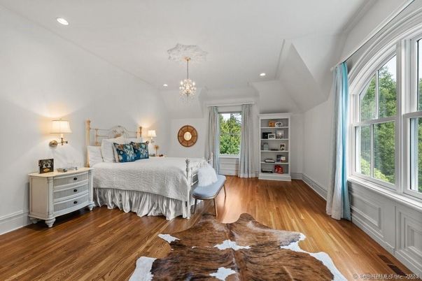 Bedroom, Chandelier, Interior, Recessed Lighting, Wood Texture Flooring