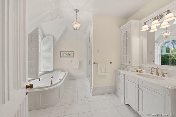 Bathroom, Dual Sink Vanities, Interior, Marble, Pendant Lights