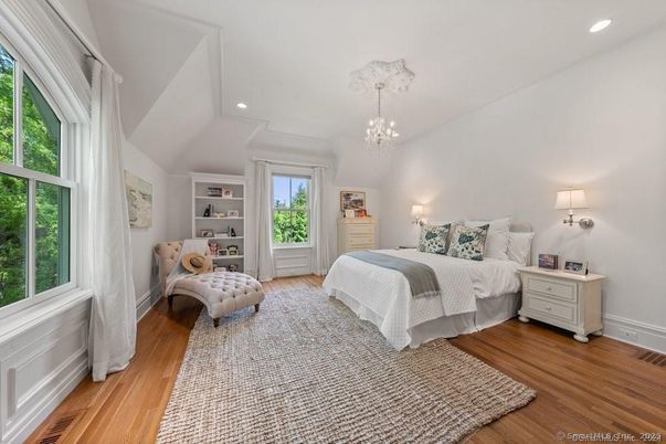 Bedroom, Chandelier, Interior, Recessed Lighting, Wood Texture Flooring