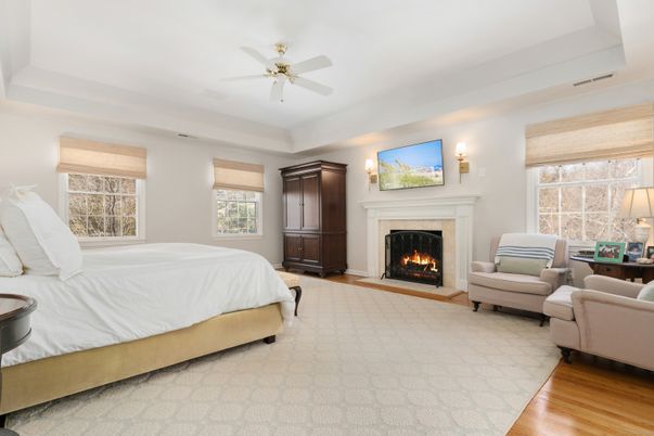 Bedroom, Fireplace, Interior, Wood Texture Flooring