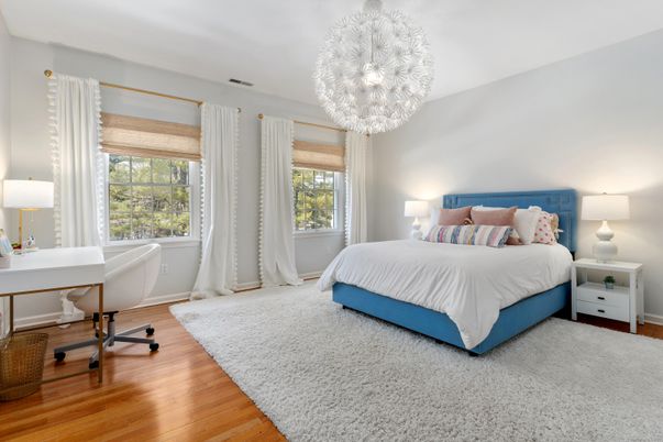 Bedroom, Chandelier, Home Office, Interior, Wood Texture Flooring