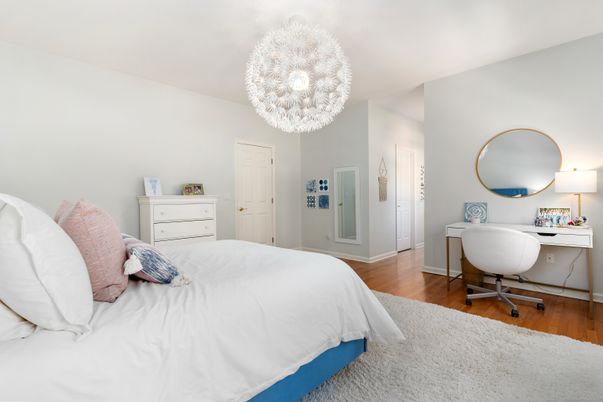 Bedroom, Chandelier, Home Office, Interior, Wood Texture Flooring