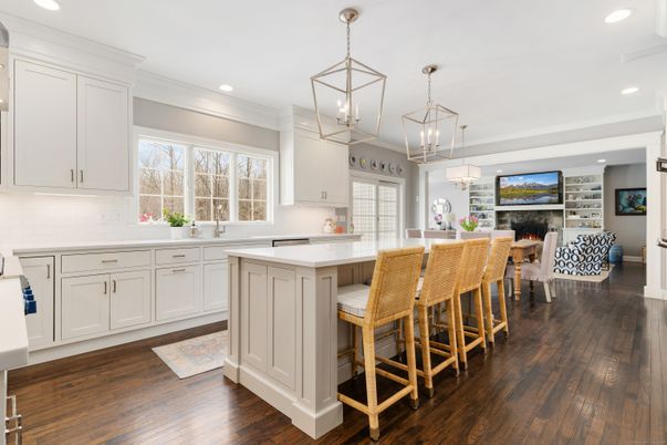 Dining room, Fireplace, Interior, Kitchen, Living room, Pendant Lights, Recessed Lighting, Wood Texture Flooring
